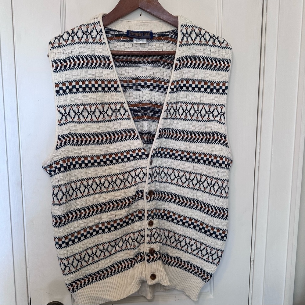 Christopher Rand Vintage Cotton Knit Button-up Striped Vest, Cottagecore, unisex